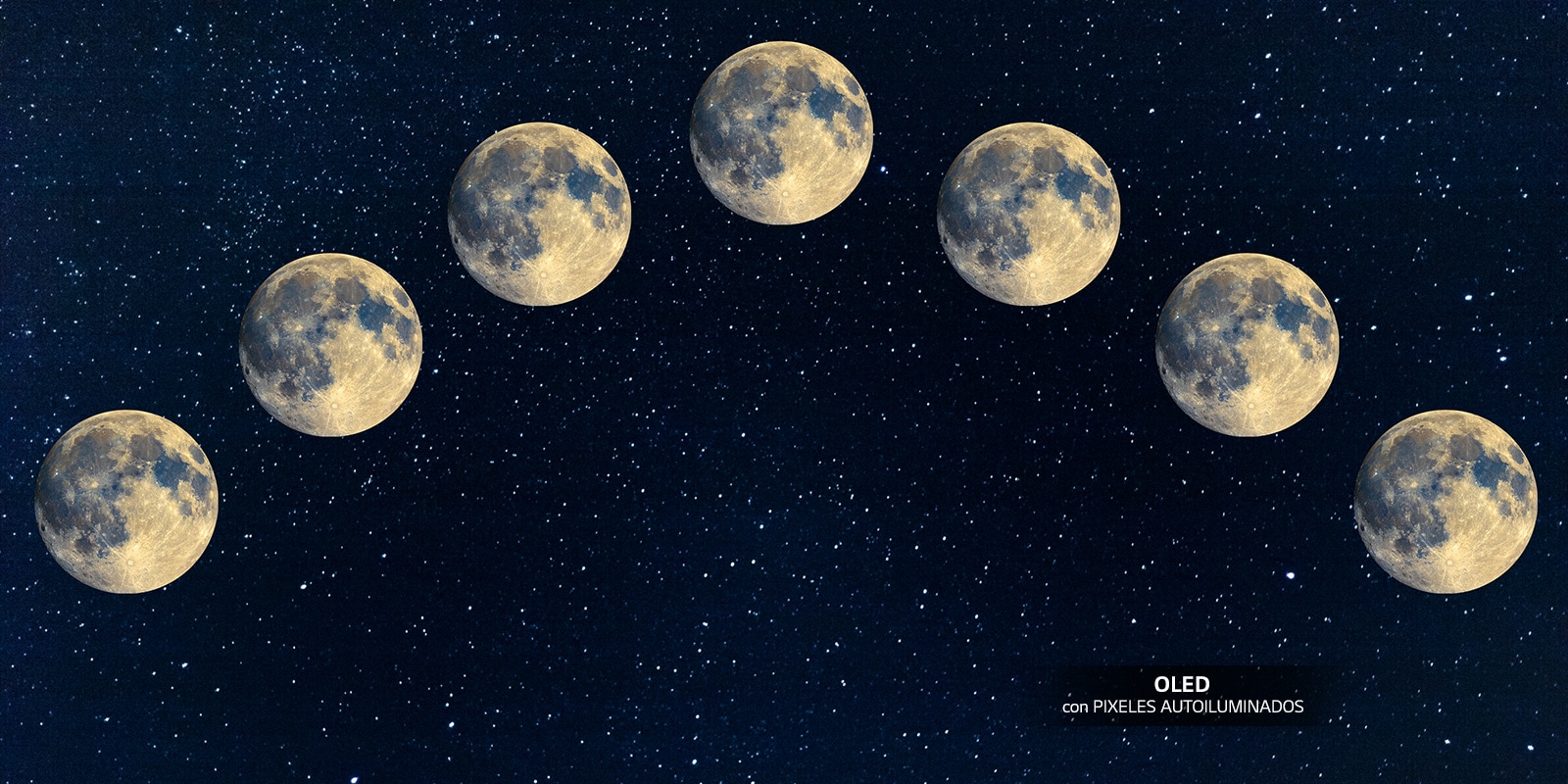 Imagen de siete lunas llenas alineadas en el cielo nocturno.