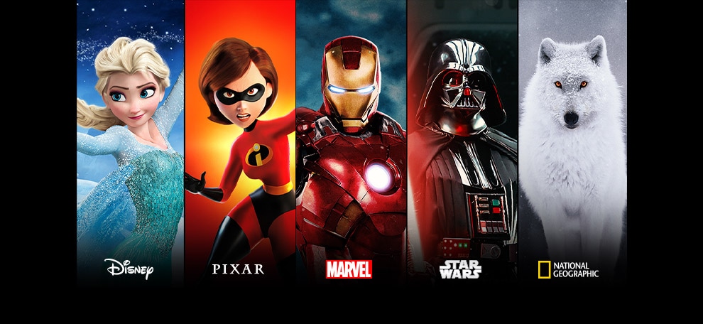 Disney Frozen, Pixar Incredibles, Marvel Iron Man, Star Wars, and National Geographic title cards.