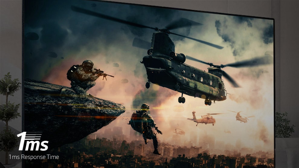 The LG SIGNATURE rollable OLED TV screen displaying a battle game with armed soldiers and helicopters flying in the sky.