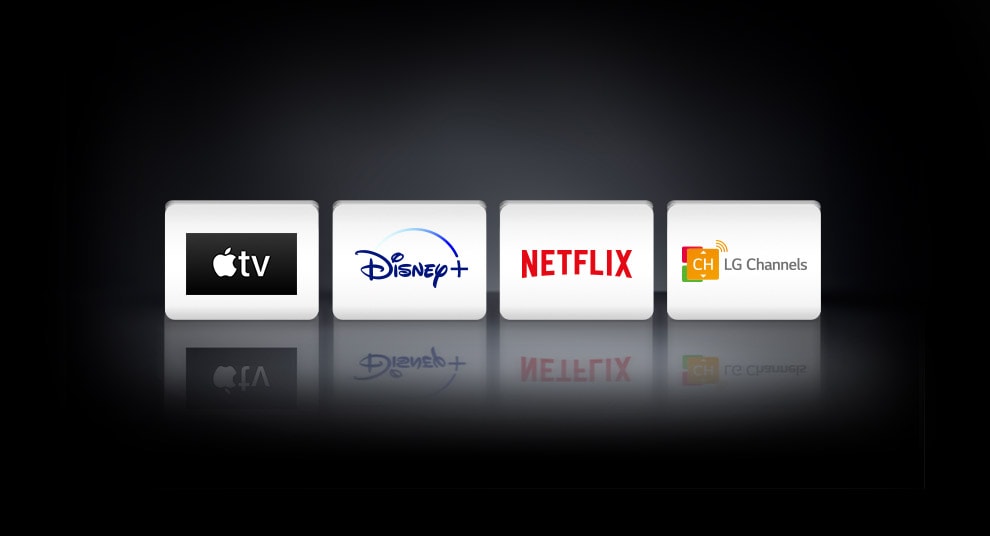 Four logos: The Apple TV app, Disney+, Netflix and LG Channels.