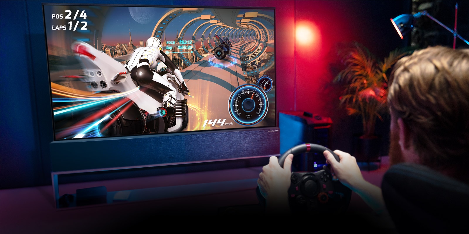 Man sitting on a racer gaming chair, holding a racing wheel while playing a racing game on the LG SIGNATURE rollable OLED TV screen.