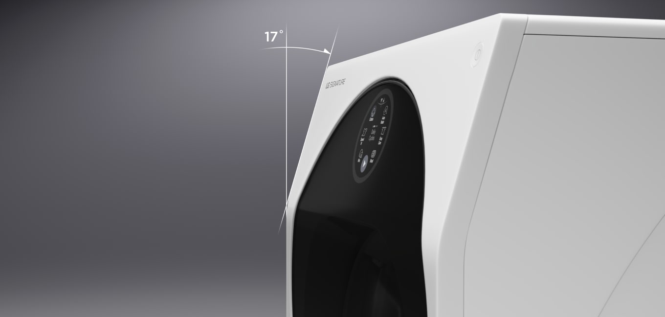 Image of the LG Signature Washing Machine taken from the side to show the unique, slanted design of the top portion of the washing machine.