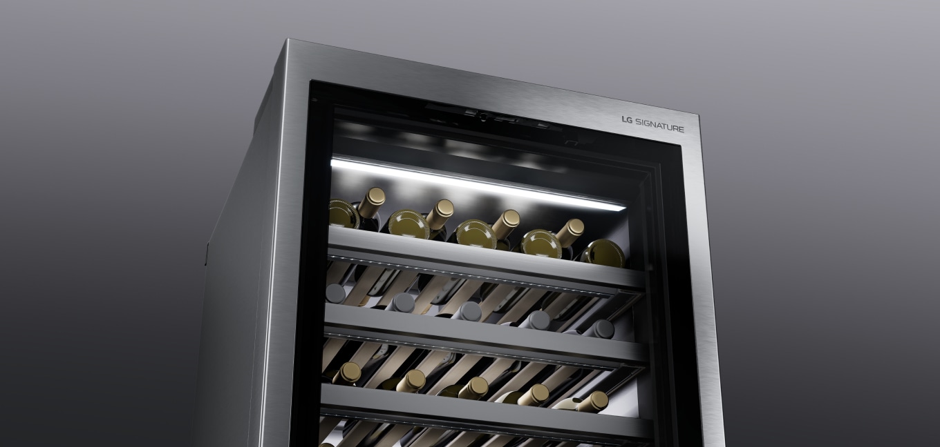 Image of the top section of the Wine Cellar that clearly shows the LED lighting that illuminates each shelf.