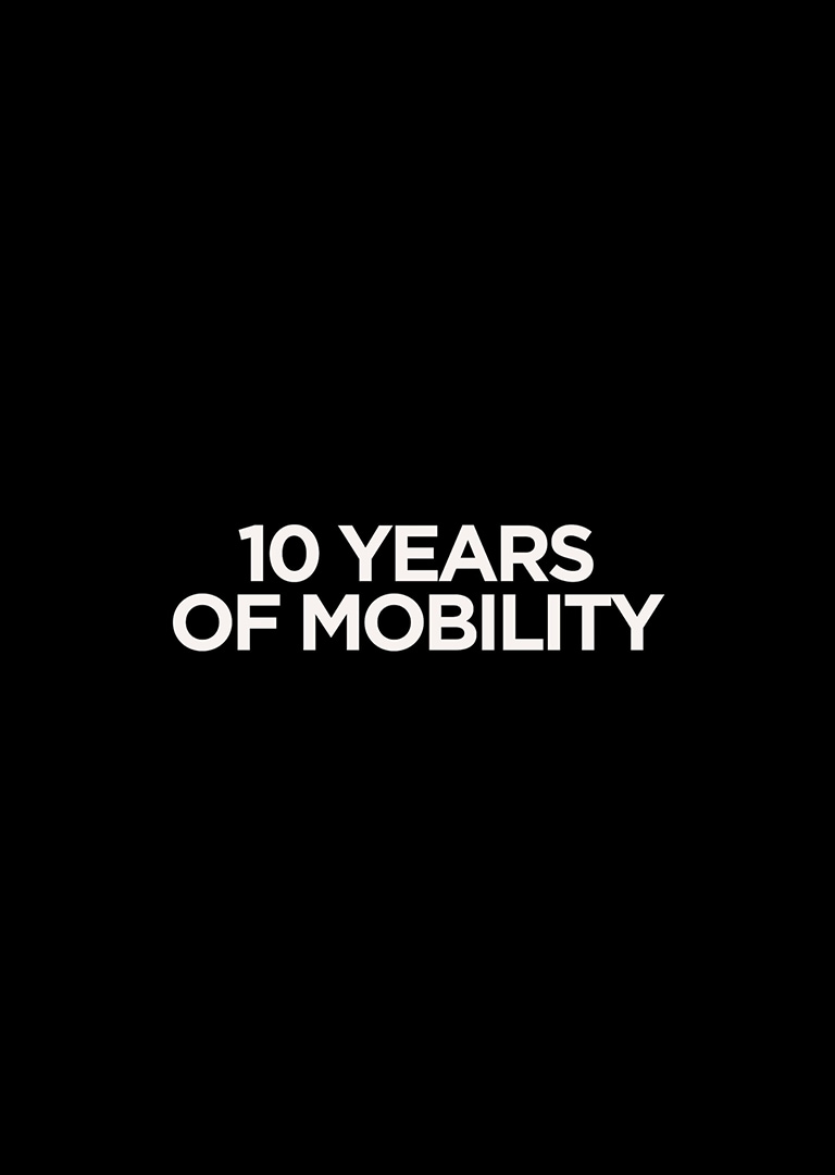 It reads '10 YEARS OF MOBILITY' in white letters on a black background, linking to a video