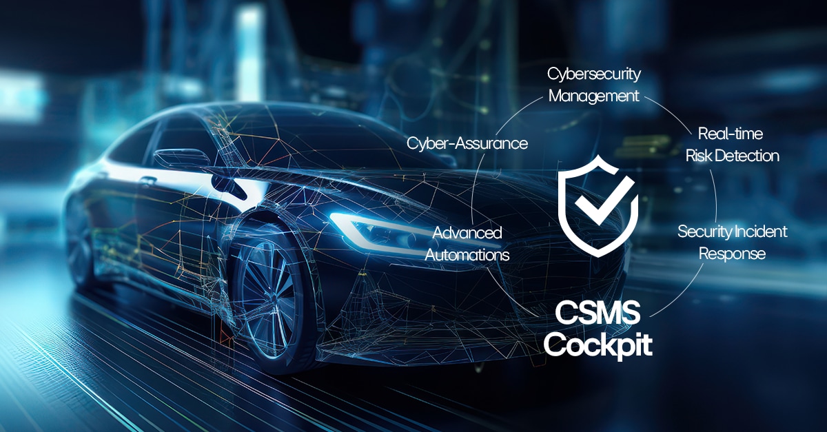 A futuristic-looking vehicle races in a blue background, with the words Advanced Automation, Cyber-Assurance, Cybersecurity Management, Real-time Risk Detection, and Security Incident Response circling around the title 'CSMS Cockpit'. In the centre is a tick mark over a shield.
