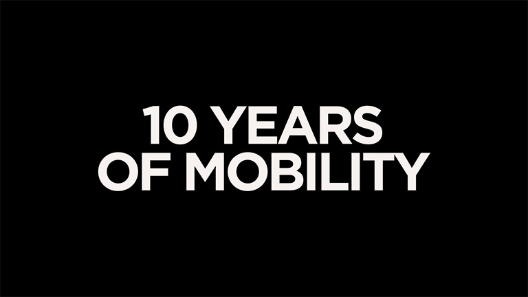 It reads '10 YEARS OF MOBILITY' in white letters on a black background