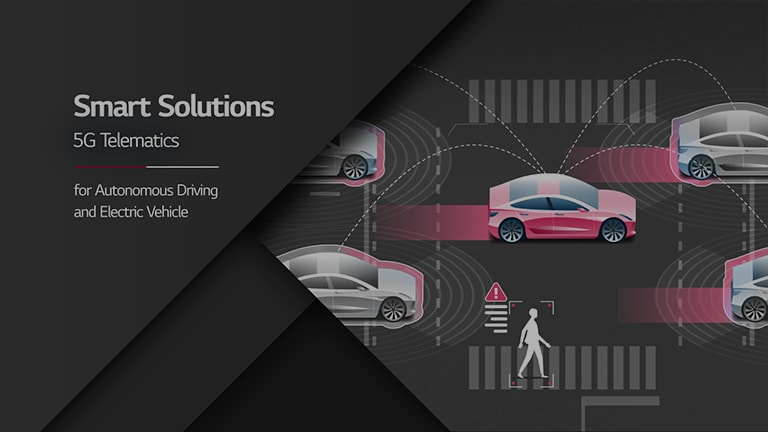 A car driving instructions on a black background, text that reads 'Smart solutions, 5G telematics, for Autonomous Driving and Electric Vehicle'.