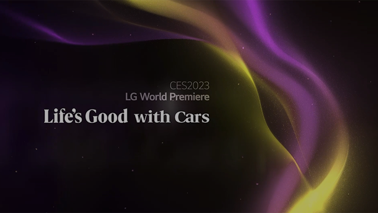 White text written as 'CES2023, LG World Premiere, Life's Good with Cars' on a purple and yellow swirls on a black background.