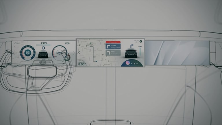 Pillar to pillar display in a car digital cockpit, screens showing dashboard and navigation.