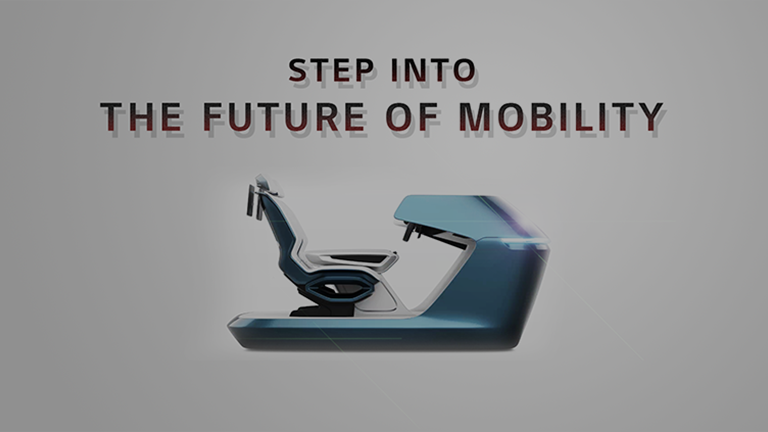 A blue and white machine called digital cockpit with a brown text written as 'Step into the future of mobility'.