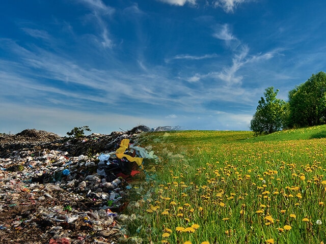 Image of two contrasting scenes : textile landfill and field with full of flowers.