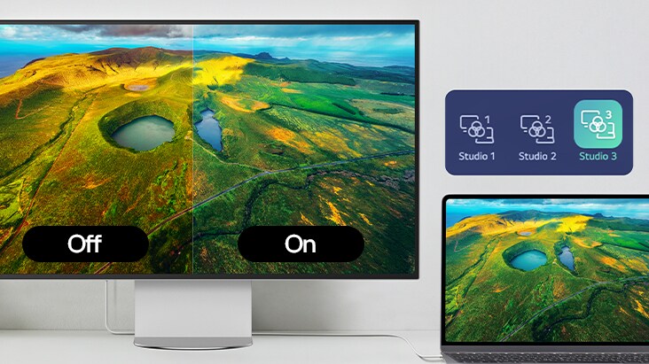 Οθόνη LG UltraFine evo 6K συνδεδεμένη με MacBook, η οποία εμφανίζει τη λειτουργία Studio Mode που επιτρέπει την απρόσκοπτη διόρθωση χρωμάτων και αντιστοίχιση και στις δύο οθόνες.