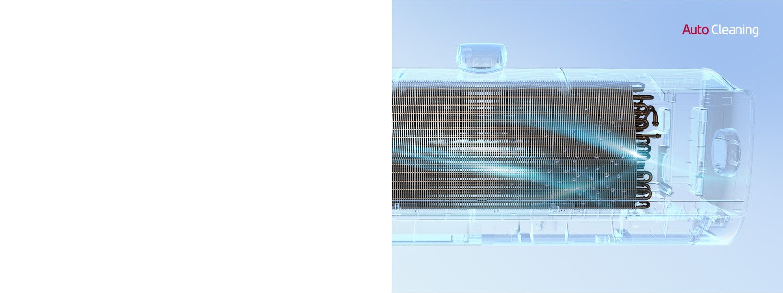 The front of the LG air conditioner with its outer part completely invisible, so that the inner workings of the machine can be seen.  The machine runs and then a blue light, the auto-cleaning mechanism activates and cleans the machine with a blue light.  The AutoCleaning logo is in the upper right corner.