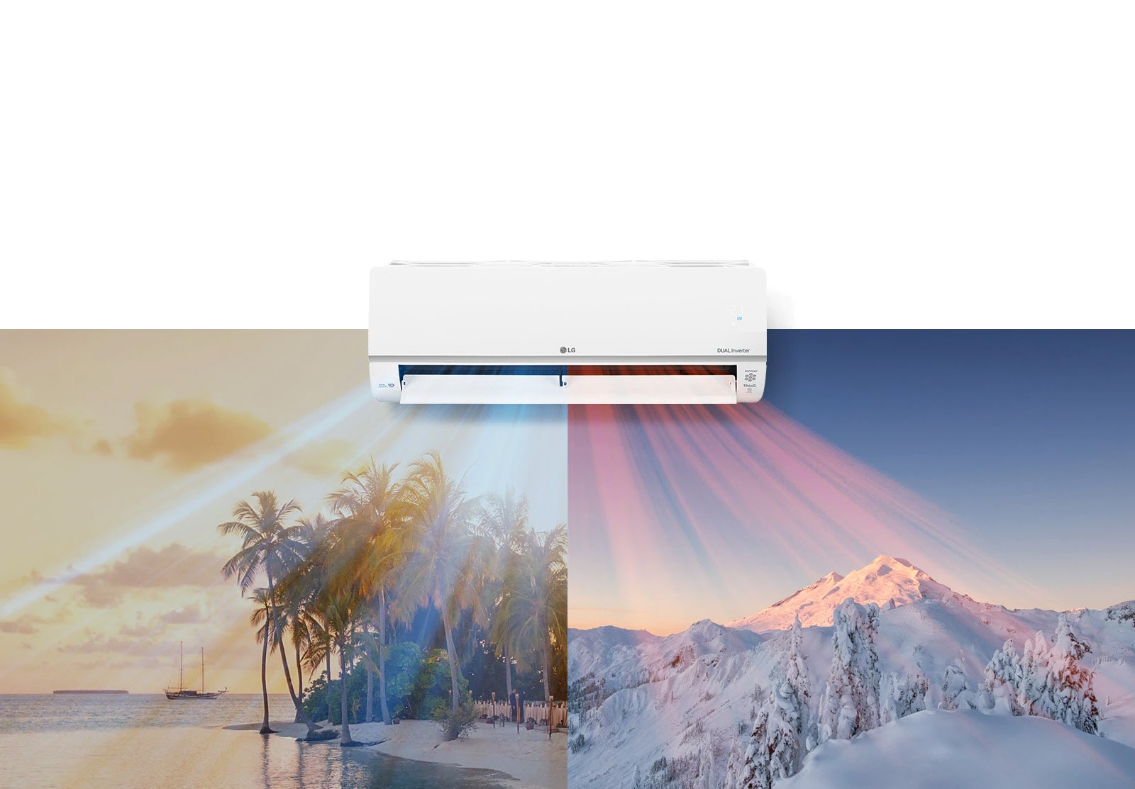 An LG air conditioner posted in the image in the upper center position.  Below are two images, one image shows a hot beach and the other a snowy mountain.  The air conditioner blows cool blue air into the image of the beach and warm red air into the image of the snowy landscape.
