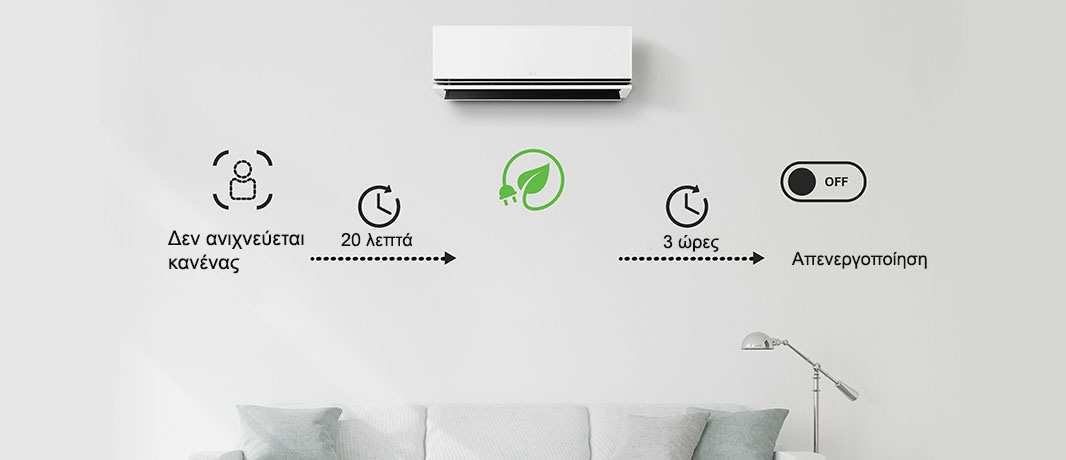 Ξεκινά τη λειτουργία εξοικονόμησης ενέργειας μετά από 20 λεπτά αφού δεν έχει ανιχνευθεί κανένα άτομο και απενεργοποιεί το κλιματιστικό μετά από 3 ώρες. Μπορείτε να πραγματοποιήσετε τις επιλογές μόνο μέσω της εφαρμογής ThinQ.