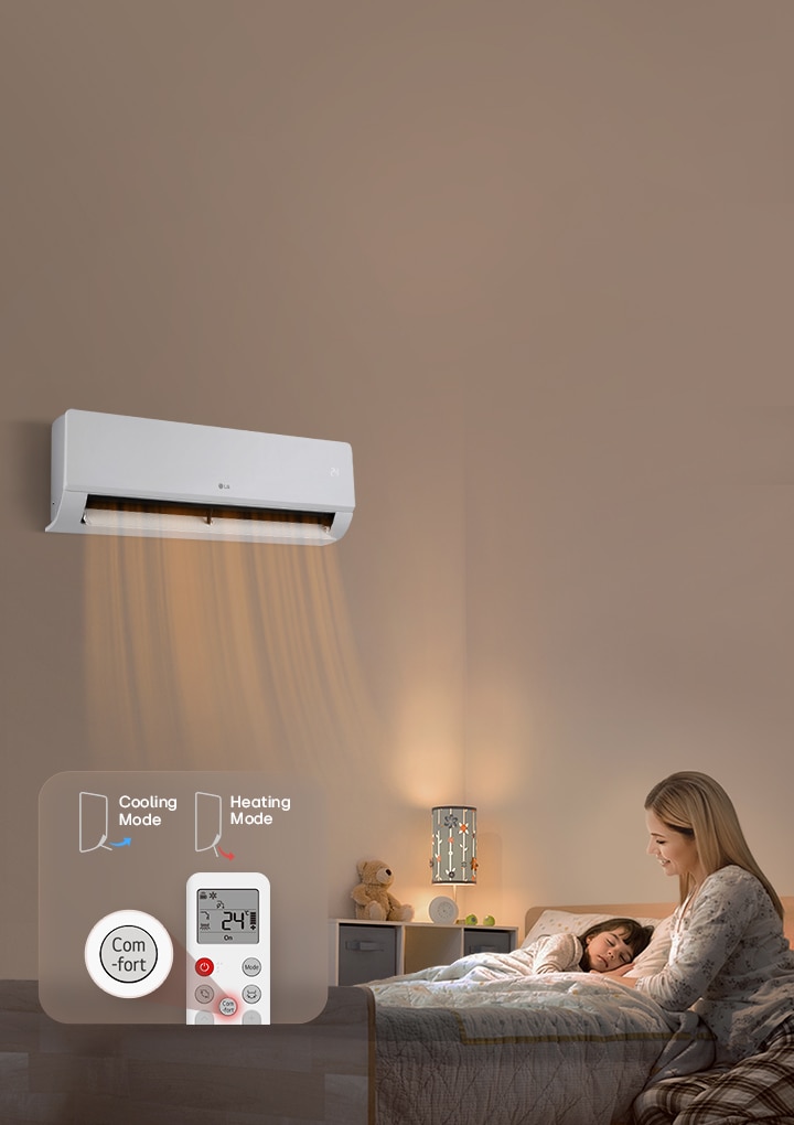 Η εικόνα ενός κλιματιστικού που φυσάει απαλά αέρα θέρμανσης ενώ μια μητέρα παρακολουθεί το παιδί της να κοιμάται.