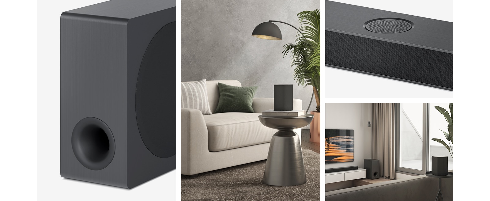 Κολάζ. Από τα αριστερά, εικόνα του υπογούφερ, η τηλεόραση LG σε κοντινό πλάνο, όπου φαίνεται ένα βουνό στην οθόνη της τηλεόρασης και το LG Sound Bar από κάτω. Στα δεξιά, δεξιόστροφα από πάνω προς τα κάτω: το κεντρικό κανάλι up-firing σε κοντινό πλάνο. Ένα LG Sound Bar, ένα υπογούφερ και μια τηλεόραση LG που δείχνει μια παραλία στο ηλιοβασίλεμα, τοποθετημένα στο σαλόνι.