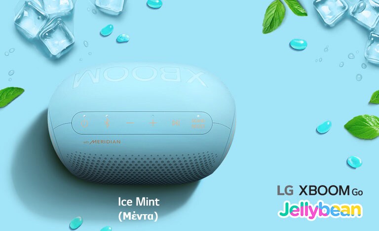 Ένα LG XBOOM Go PL2B με χρώμα ζαχαρωτού με γεύση κρύας μέντας σε πορτοκαλί φόντο.
