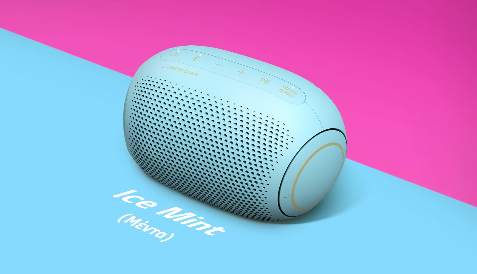 Ένα LG XBOOM Go PL2B Jellybean  με γεύση κρύας μέντας σε πορτοκαλί φόντο.