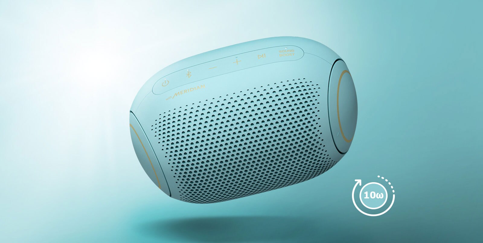 Μπροστινή όψη ενός LG XBOOM Go PL2B που γέρνει προς τα αριστερά και αιωρείται στον αέρα