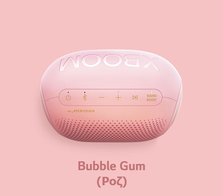 Ένα LG XBOOM Go Jellybean με γεύση τσιχλόφουσκας σε ροζ φόντο.