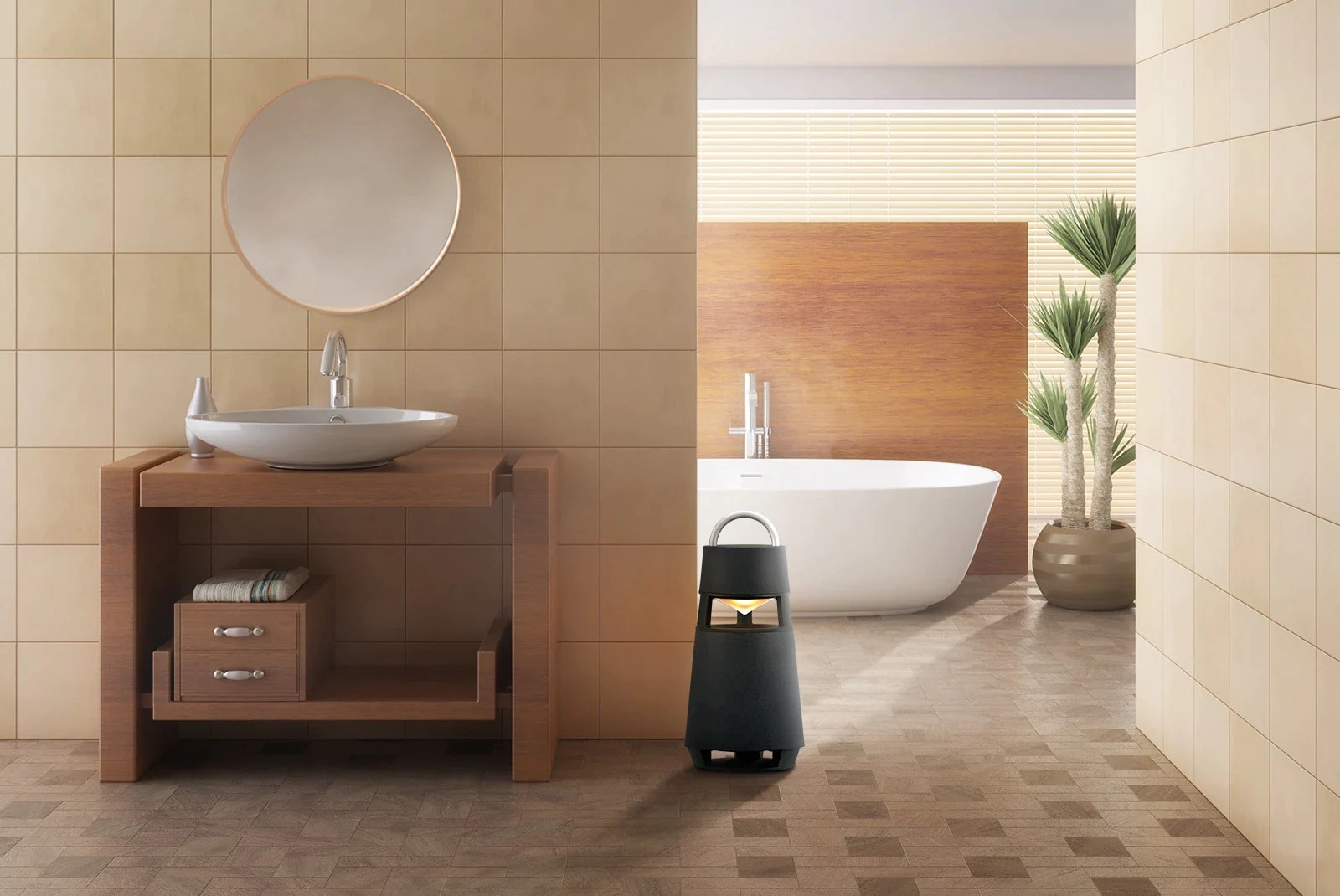 Εικόνα του XBOOM 360 που είναι τοποθετημένο σε ένα σχετικά υγρό μπάνιο, υποδεικνύοντας την αντοχή του προϊόντος στην υγρασία.