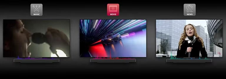 Ένα βίντεο κινουμένων σχεδίων στο οποίο απεικονίζεται το AI Sound Pro του sound bar. Αρχικά, δείχνει ένα βίντεο στη μέση με ένα αγωνιστικό αυτοκίνητο που τρέχει, ενώ από πάνω του υπάρχουν διάφορα χρωματιστά φώτα που σχηματίζουν ευθείες γραμμές και από κάτω του υπάρχουν κόκκινα ηχητικά κύματα. Στη συνέχεια, η σκηνή αλλάζει στα αριστερά σε έναν τραγουδιστή που κρατάει το μικρόφωνο ακριβώς μπροστά από τα χείλη του σε σκούρο πράσινο φόντο και κάτω εμφανίζονται μπλε-μωβ ηχητικά κύματα για τη λειτουργία της μουσικής. Τέλος, στα δεξιά βρίσκεται μια παρουσιάστρια με ένα μικρόφωνο που στέκεται μπροστά από κτίρια, με πράσινα ηχητικά κύματα από κάτω.