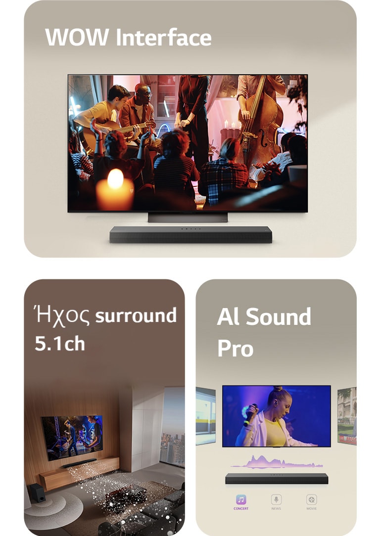 Μια εικόνα LG Soundbar, τηλεχειριστηρίου LG και LG TV με το WOW Interface στην οθόνη. Μια εικόνα LG TV και LG Soundbar σε σαλόνι όπου παίζει μια συναυλία. Λευκά ηχητικά κύματα από σταγόνες προβάλλονται από το soundbar, κυκλώνοντας τον καναπέ και το σαλόνι υποδηλώνοντας ήχο surround. Ο ορίζοντας της πόλης είναι ορατός από το παράθυρο. Μια εικόνα του LG Soundbar με τρεις διαφορετικές οθόνες τηλεόρασης από πάνω. Μία δείχνει μια ταινία, μία δείχνει μια συναυλία και η τρίτη δείχνει ένα δελτίο ειδήσεων. Κάτω από το soundbar υπάρχουν τα εικονίδια Συναυλία, Ειδήσεις και Ταινία.