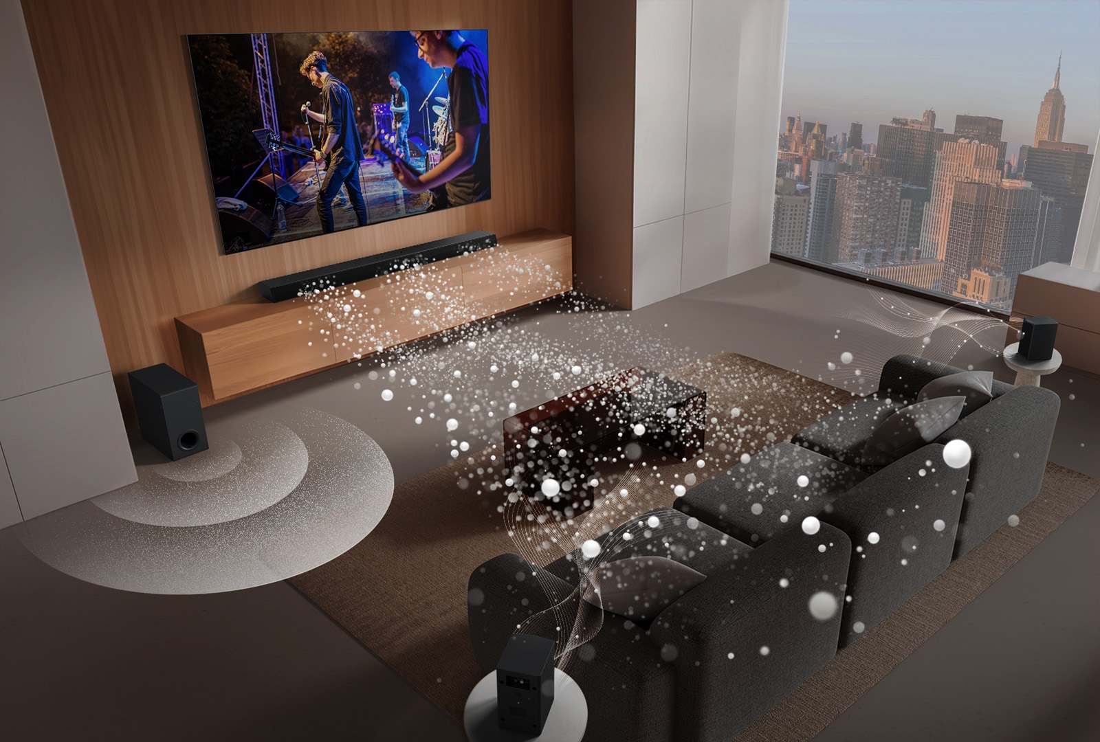 Μια εικόνα LG TV και LG Soundbar σε σαλόνι όπου παίζει μια συναυλία. Λευκά ηχητικά κύματα από σταγόνες προβάλλονται από το soundbar, κυκλώνοντας τον καναπέ και το σαλόνι υποδηλώνοντας ήχο surround.
