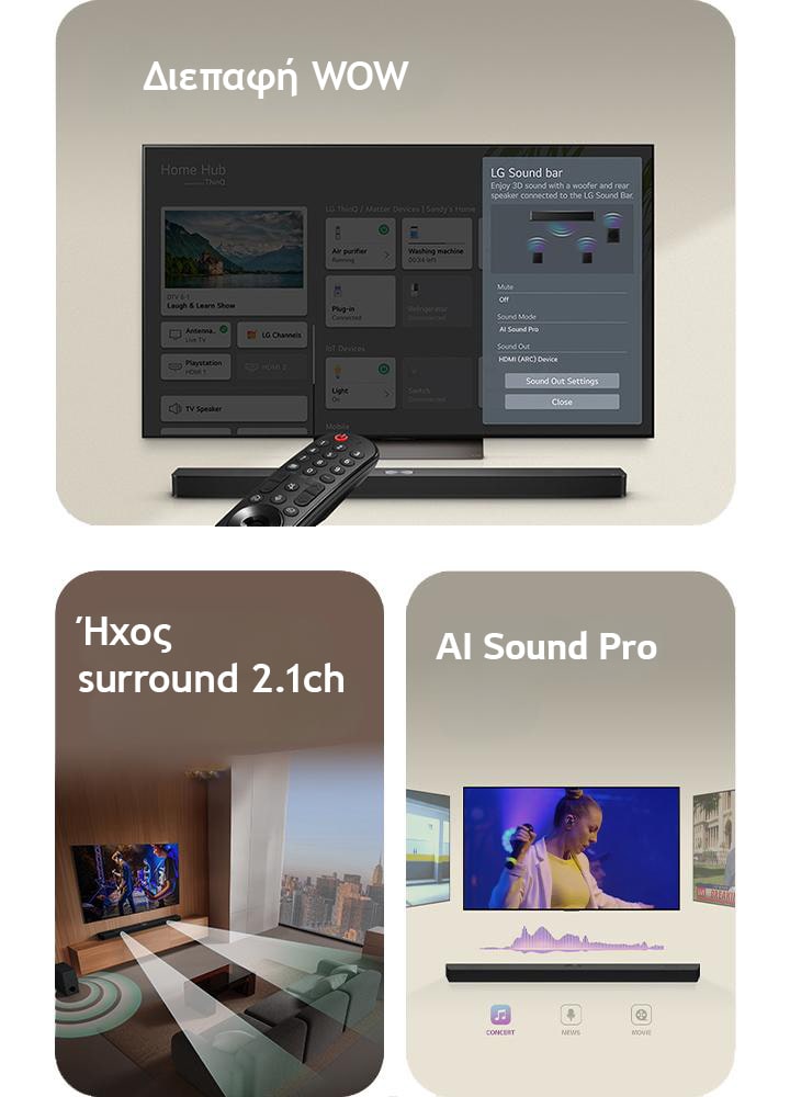 Το τηλεχειριστήριο LG δείχνει μια LG TV με το LG Soundbar κάτω. Μια LG TV δείχνει το μενού WOW Interface στην οθόνη.  Τα LG Soundbar, LG TV και subwoofer βρίσκονται σε ένα σαλόνι με την οθόνη να δείχνει μια μουσική παράσταση. Δύο λευκά ηχητικά κύματα από σταγόνες προβάλλονται από το soundbar και ένα subwoofer, δημιουργώντας ένα ηχητικό εφέ από το κάτω μέρος.  LG Soundbar με τρεις διαφορετικές οθόνες τηλεόρασης από πάνω. Μία δείχνει μια ταινία, μία δείχνει μια συναυλία και η τρίτη δείχνει ένα δελτίο ειδήσεων. Κάτω από το soundbar υπάρχουν τρία εικονίδια για να απεικονίζουν το κάθε είδος.