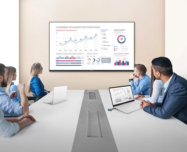 Άτομα παρευρίσκονται σε μια συνάντηση έχοντας συνδεδεμένη μια συσκευή dongle USB σε έναν φορητό υπολογιστή κάνοντας κοινή χρήση της οθόνης σε μια μεγάλη επίτοιχη signage.