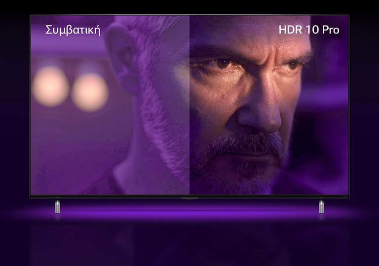 A man is staring outside, looking mad. The image is divided into two part. On left half of image appears to be dull and less vibrant color, while on the right half of image looks more vibrant with more colors. On left top corner says ‘conventional’, on right top corner says ‘HDR 10 PRO’. The image zooms out and shows QNED TV.