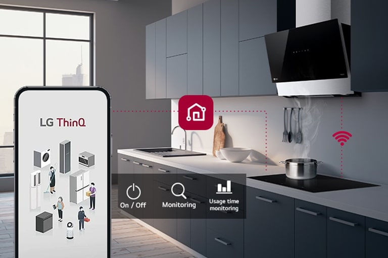 Μια εικόνα επαγωγικών εστιών και ενός smartphone συνδεδεμένα μέσω του ThinQ. Υπάρχει ένα εικονίδιο που δείχνει τις λειτουργίες ενεργοποίηση/ απενεργοποίηση, παρακολούθηση, παρακολούθηση χρόνου χρήσης ThinQ.