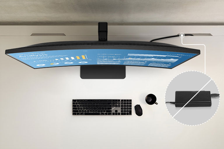 Κάτοψη που δείχνει την καθαρή διάταξη του σταθμού εργασίας παρέχοντας μια ενσωματωμένη πηγή τροφοδοσίας.