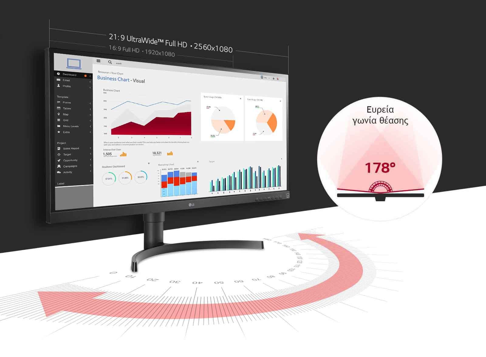 Το μόνιτορ της LG προσφέρει ευρεία γωνία θέασης 178̊ χάρη στην τεχνολογία IPS.
