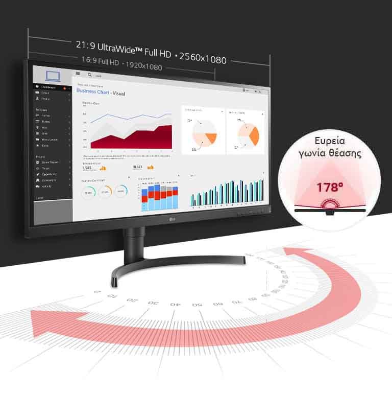 Το μόνιτορ της LG προσφέρει ευρεία γωνία θέασης 178̊ χάρη στην τεχνολογία IPS.