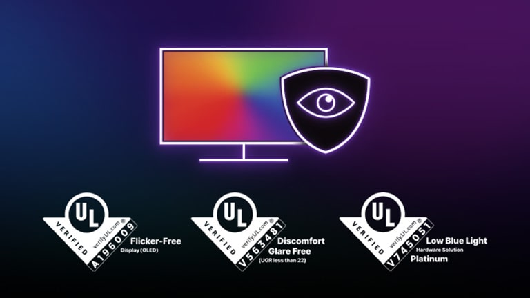 Άνεση στα μάτια με τα λογότυπα πιστοποίησης UL της LG OLED - UL VERIFIED Flicker-Free Display (OLED), UL VERIFIED Discomfort Glare Free, UL VERIFIED Low Blue Light Hardware Solution Platinum.