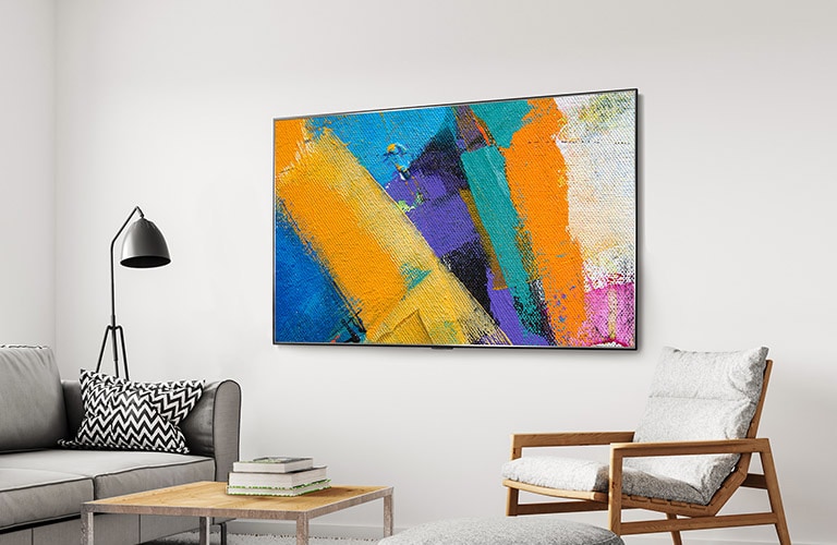 Απεικόνιση μιας τηλεόρασης Gallery Design τοποθετημένης στον τοίχο, που δείχνει ένα έργο τέχνης σε ένα σαλόνι.