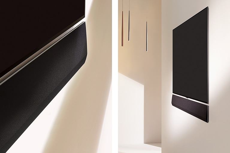 Δύο διαφορετικές γωνίες μιας επιτοίχιας Gallery Design με ένα Gallery Soundbar τοποθετημένο από κάτω