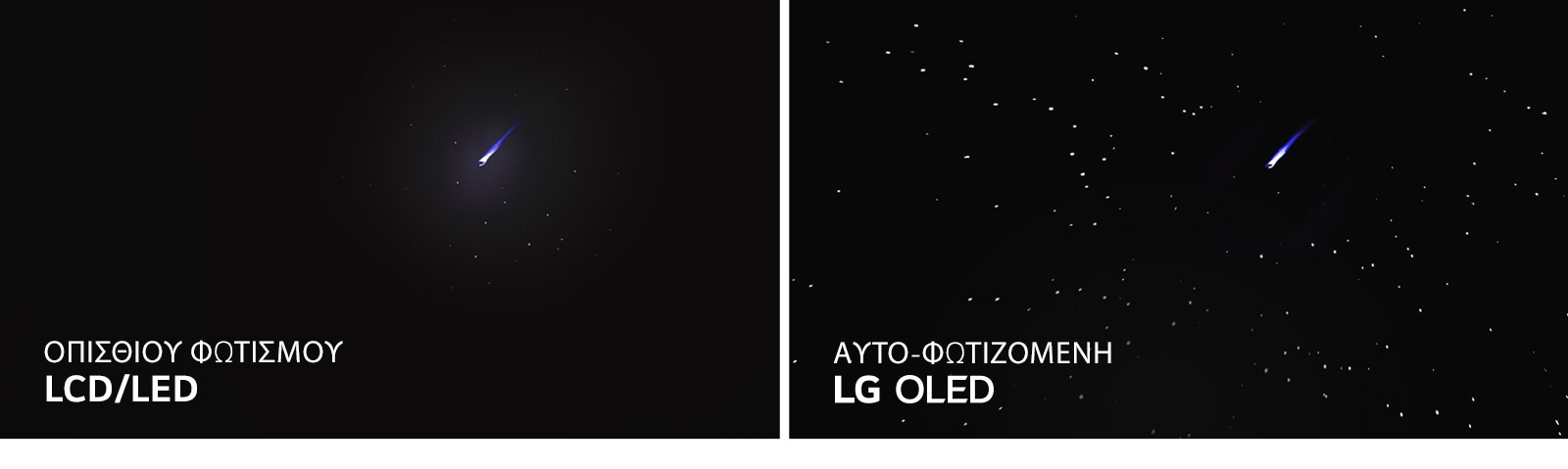 Προσομοίωση πλάι πλάι μιας τηλεόρασης LED/LCD και μιας LG OLED που δείχνουν έναν έναστρο νυχτερινό ουρανό, με σκοπό τη σύγκριση της δυνατότητας αναπαραγωγής του τέλειου μαύρου 