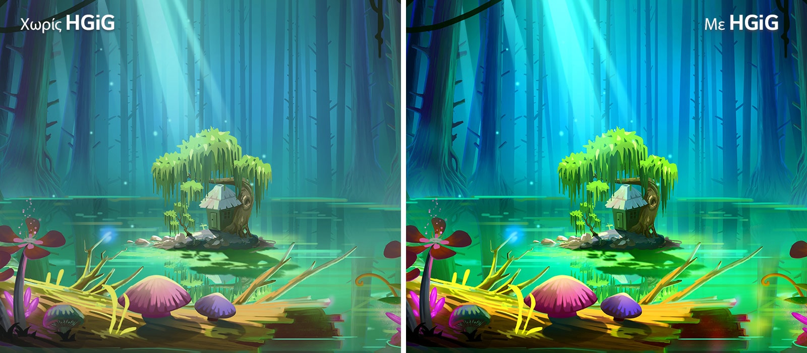 Μια εικόνα με κίνηση, όπου φαίνεται ένα μικρό σπίτι και ένα δέντρο σε ένα μικρό κομμάτι γης στο μέσο μιας λιμνούλας, περιτριγυρισμένης από ψηλά και γυμνά δέντρα, με το κείμενο "With HGIG" να εμφανίζεται στην άνω δεξιά γωνία, υποδεικνύοντας ότι η εικόνα είναι φωτεινότερη και με καλύτερη ποιότητα σε σύγκριση με εκείνη χωρίς HGiG.