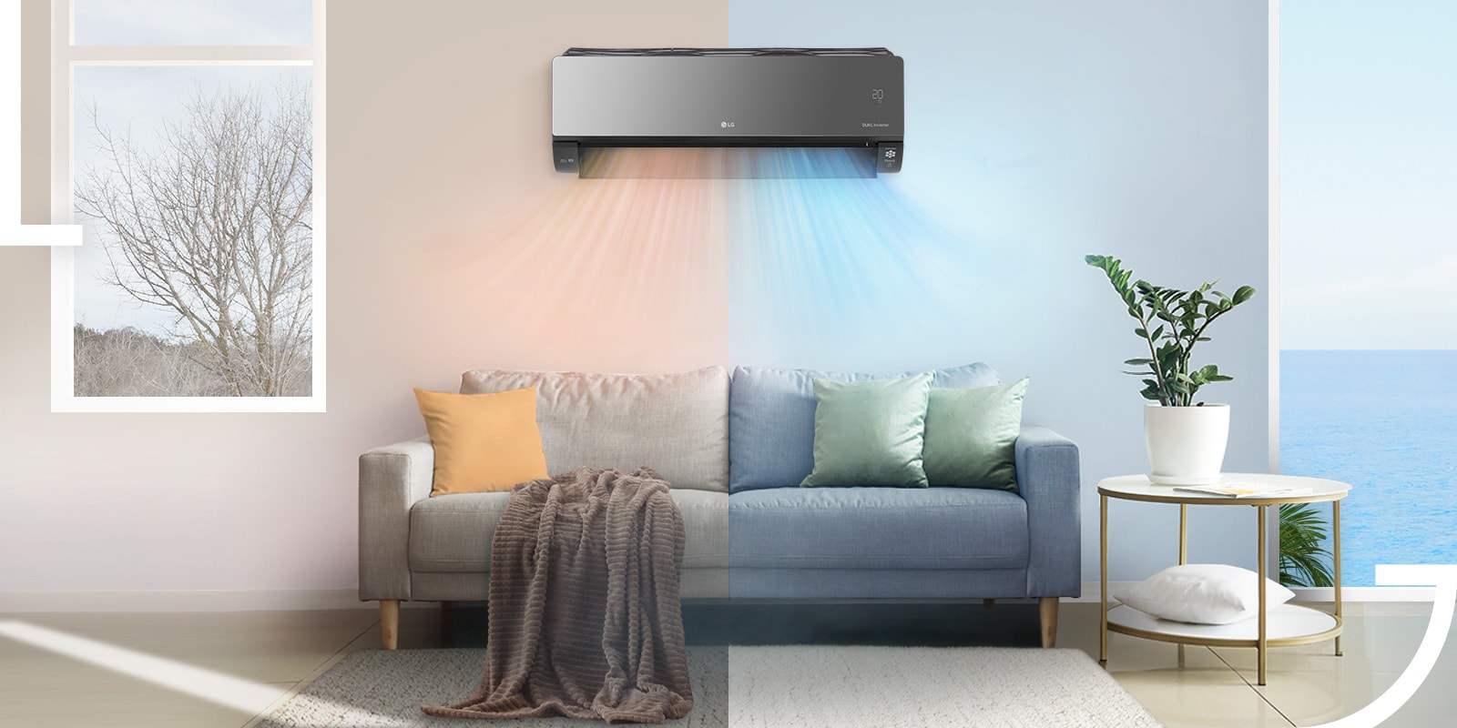 Φαίνεται μια εικόνα ενός εσωτερικού χώρου σε θερμή και ψυχρή εποχή, ενώ δύο γραφικά ροής ανέμου βγαίνουν ταυτόχρονα από το κλιματιστικό που είναι αναρτημένο στον τοίχο.