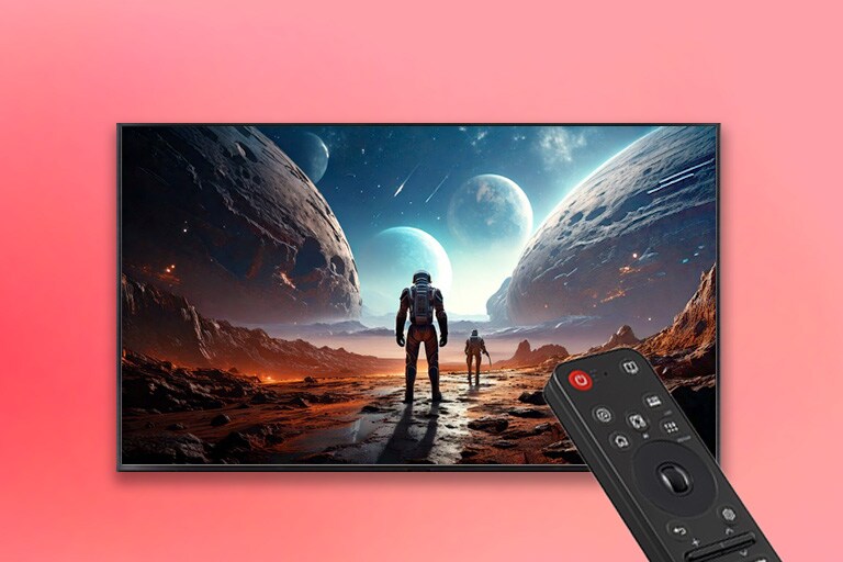 LG TV και τηλεχειριστήριο σε ένα κόκκινο κουτί, επάνω δεξιά αριθμός 3