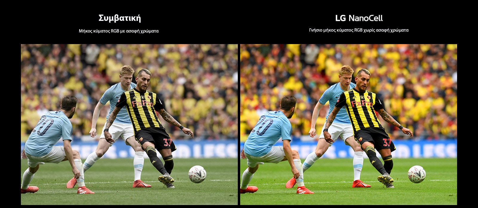 Ένας αγώνας ποδοσφαίρου εμφανίζεται σε μια συμβατική τηλεόραση με κακή ποιότητα εικόνας. Το άλλο μισό είναι μια τηλεόραση LG NanoCell με υψηλή ποιότητα εικόνας.