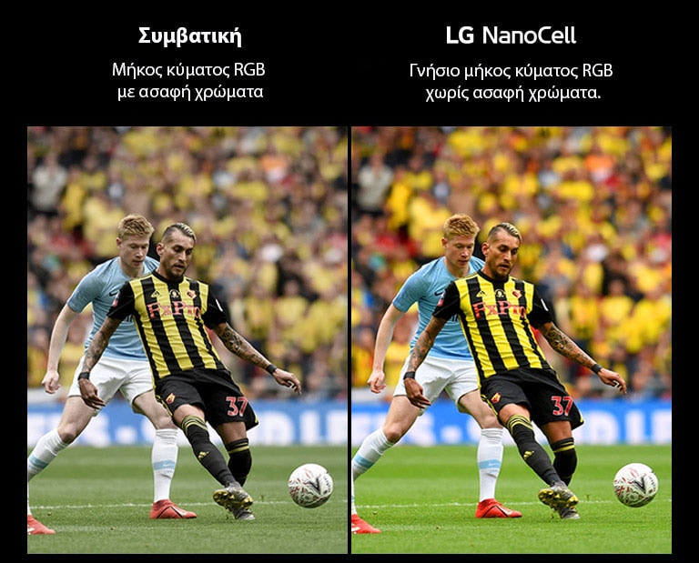 Ένας αγώνας ποδοσφαίρου εμφανίζεται σε μια συμβατική τηλεόραση με κακή ποιότητα εικόνας. Το άλλο μισό είναι μια τηλεόραση LG NanoCell με υψηλή ποιότητα εικόνας.