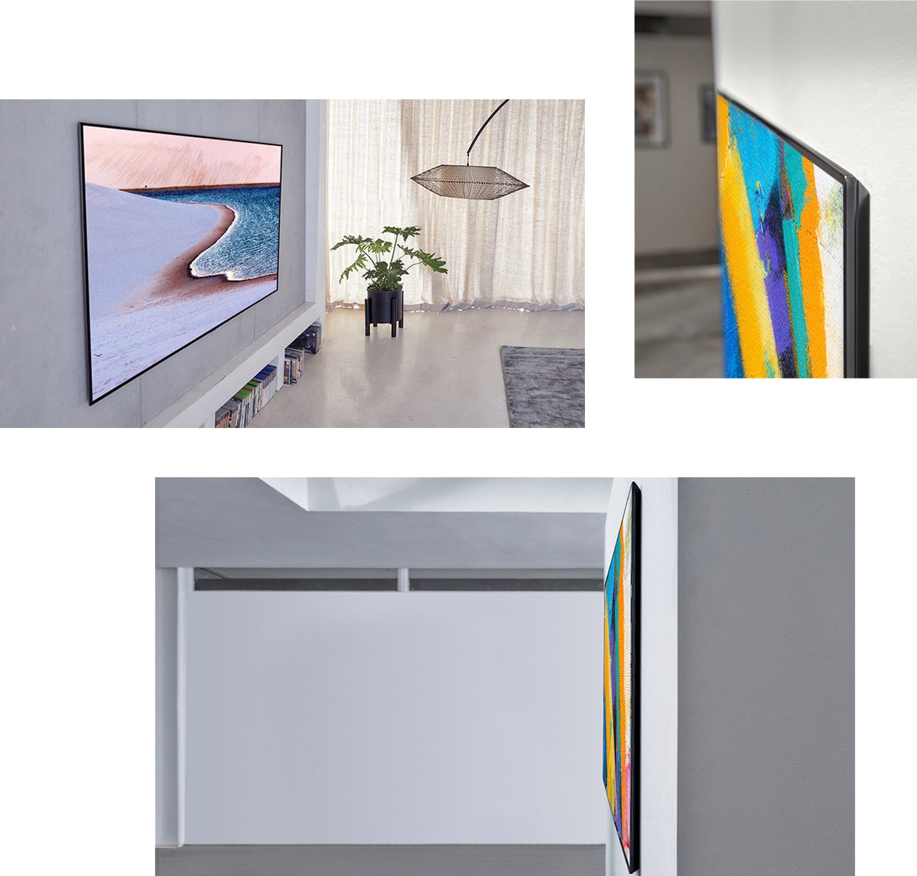 Πλαϊνή όψη μιας επιτοίχιας τηλεόρασης Gallery Design που δείχνει ένα έργο τέχνης σε ένα σαλόνι,Κοντινό πλαϊνό πλάνο μιας επιτοίχιας τηλεόρασης Gallery Design που δείχνει ένα έργο τέχνης,Πλήρης πλαϊνή όψη μιας τηλεόρασης Gallery Design που γίνεται ένα με τον τοίχο, δείχνοντας έργα τέχνης