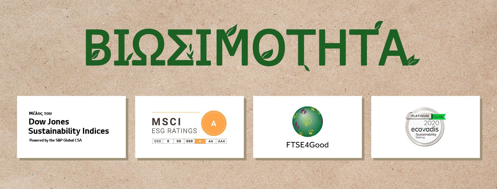 Λογότυπο του Dow Jones Sustainability Indices. Λογότυπο του FTSE4Good. Λογότυπο του Ecovadis Sustainability Rating. Λογότυπο του MSCI ESG Ratings.