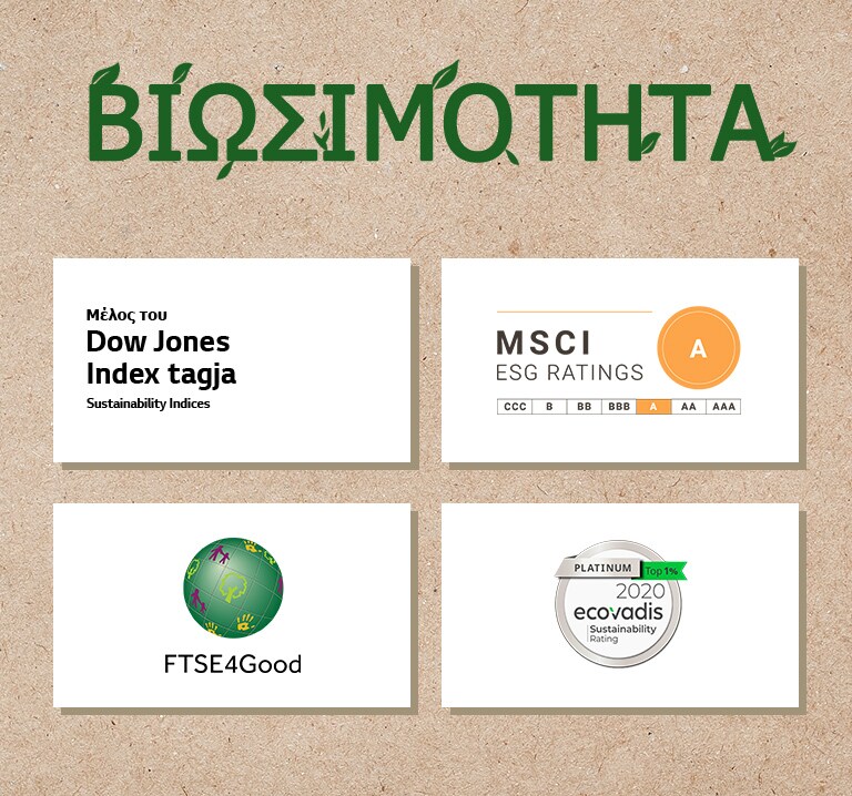 Λογότυπο του Dow Jones Sustainability Indices. Λογότυπο του FTSE4Good. Λογότυπο του Ecovadis Sustainability Rating. Λογότυπο του MSCI ESG Ratings.