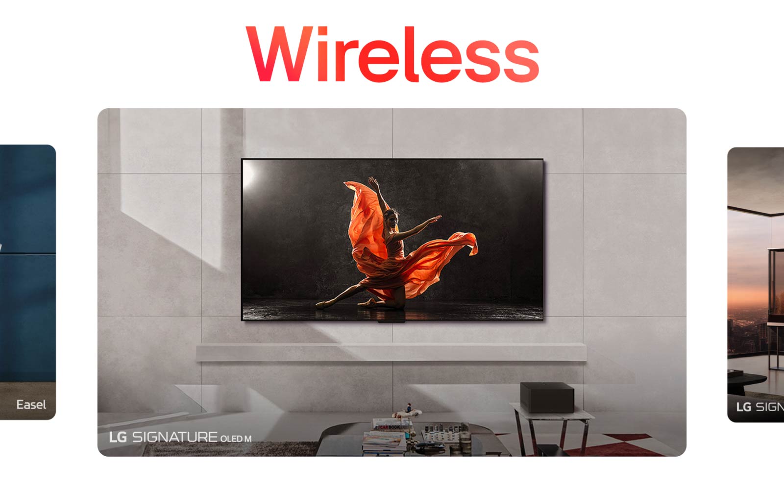 Επιλεγμένες LG TV περιστρέφονται με την ακόλουθη σειρά: LG Signature OLED M, LG Signature OLED T, LG OLED Flex, LG StandbyME, LG StandbyME GO, LG Posé και LG Easel. Όλα τα λογότυπα του brand είναι ενσωματωμένα στην κάτω αριστερή γωνία κάθε εικόνας.