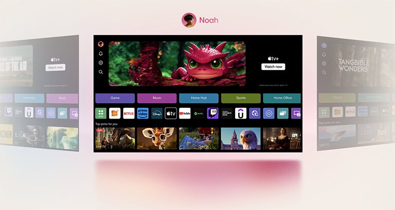 Κοντινό πλάνο μιας οθόνης LG TV που δείχνει τα κουμπιά Sports, Home Office, Game πάνω από ένα πλαίσιο για τη σειρά Masters of the Air. Στη συνέχεια, η κάμερα απομακρύνεται για να δείξει ότι το παράθυρο είναι ένα προφίλ αρχικής οθόνης webOS για τον μπαμπά και έπειτα περιστρέφεται σε άλλη αρχική οθόνη webOS για να δείξει ένα προφίλ για τον Noah.